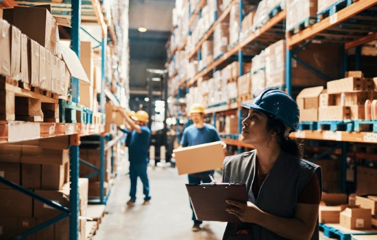 A commercial warehouse with rows of boxes and supplies